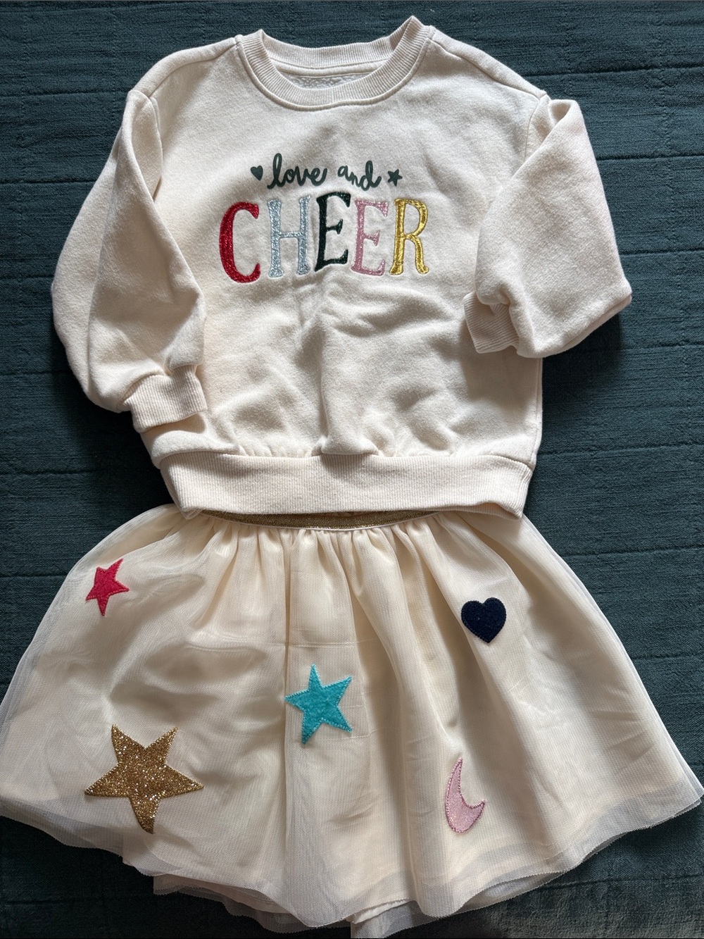 Old Navy Cream Tulle Skirt & Sweatshirt Set with Multicolor Appliqués